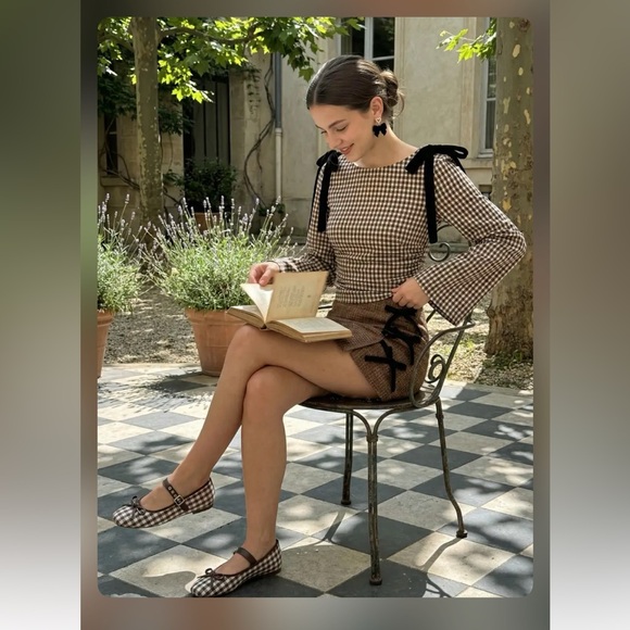 Cider Tops - Cider BOAT NECK GINGHAM BOWKNOT RUCHED LONG SLEEVE TOP CC19-12 XS